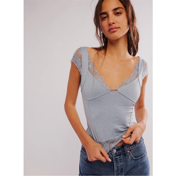 Free People Tops - Free People Light Blue Lace Trim Top